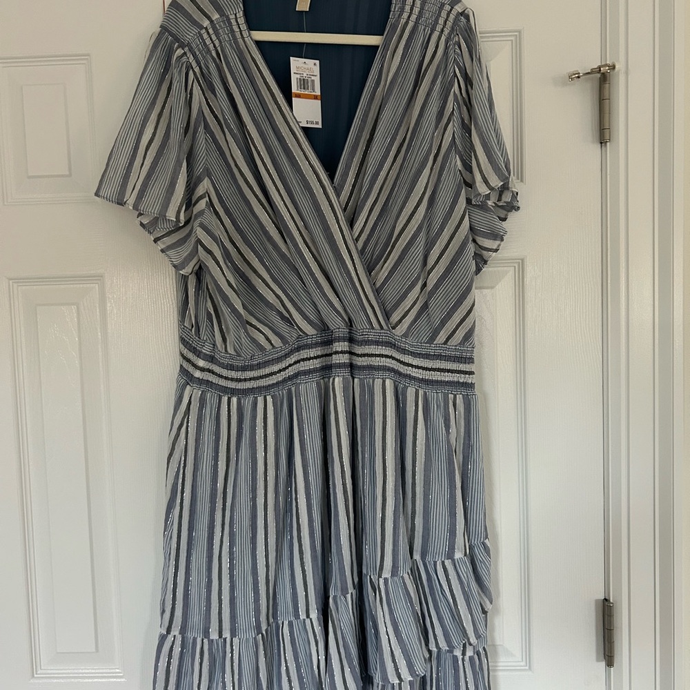 MICHAEL Michael Kors Blue and White Striped Midi Dress